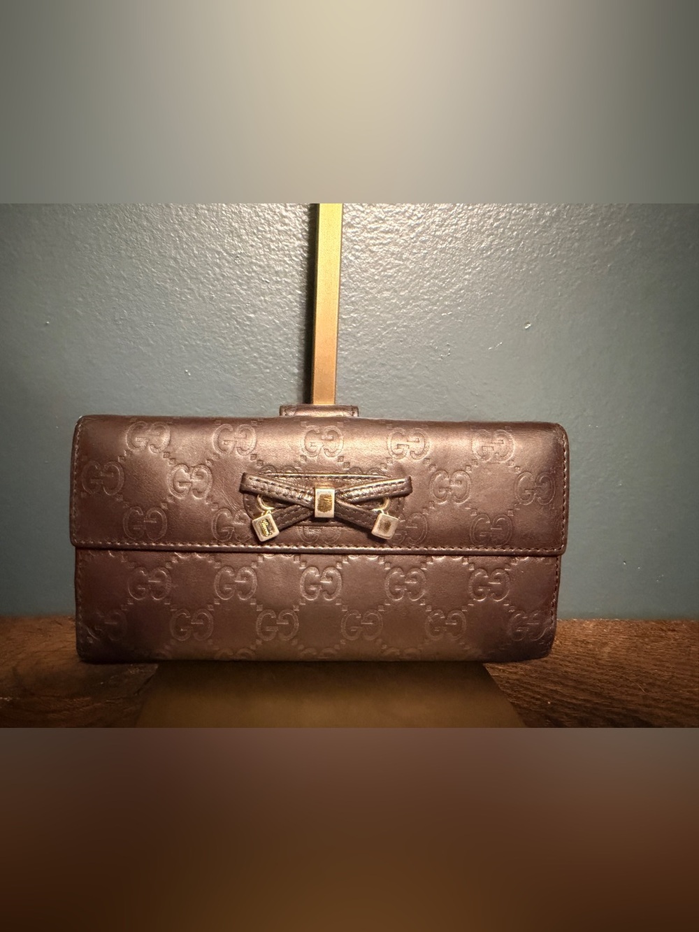 Gucci Brown Monogram Leather Wallet with Bow Accent